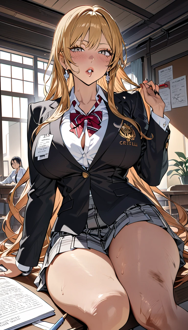 (highest quality: 1.2, Highly detailed, Latest, Vibrant, Super detail, Ultra-high resolution, High contrast, masterpiece: 1.2, highest quality, Best aesthetics, aya:0.9), alone, (1 woman), /( teacher/ ), (teacher), long hair, blonde hair, (red eyes: 1.3), long hair with brown highlights, thighs, skirt, sexy, cleavage, painted nails, belt, thighs with tights, glasses, classroom, shake hands welcome, pink lips, heels, red dress, sexy thigh, detailed leg, dynamic angle, random pause, highly detailed face and skin texture, cowboy shot,