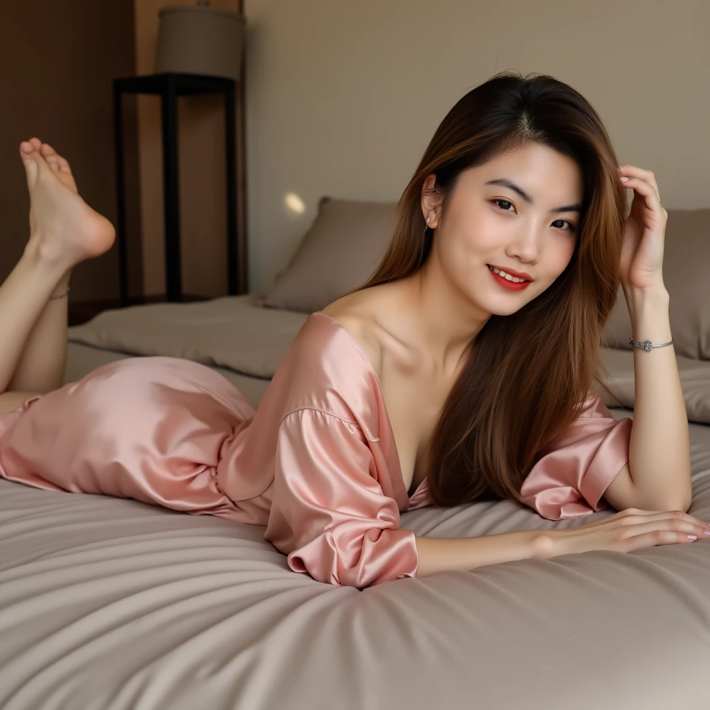 1girl, beautiful vintage colors, Instagram (realistic, high resolution: 1.4), full body, translucent pink pajamas, post-sex shyness, buttock details, sexy pose, medium bust, smile