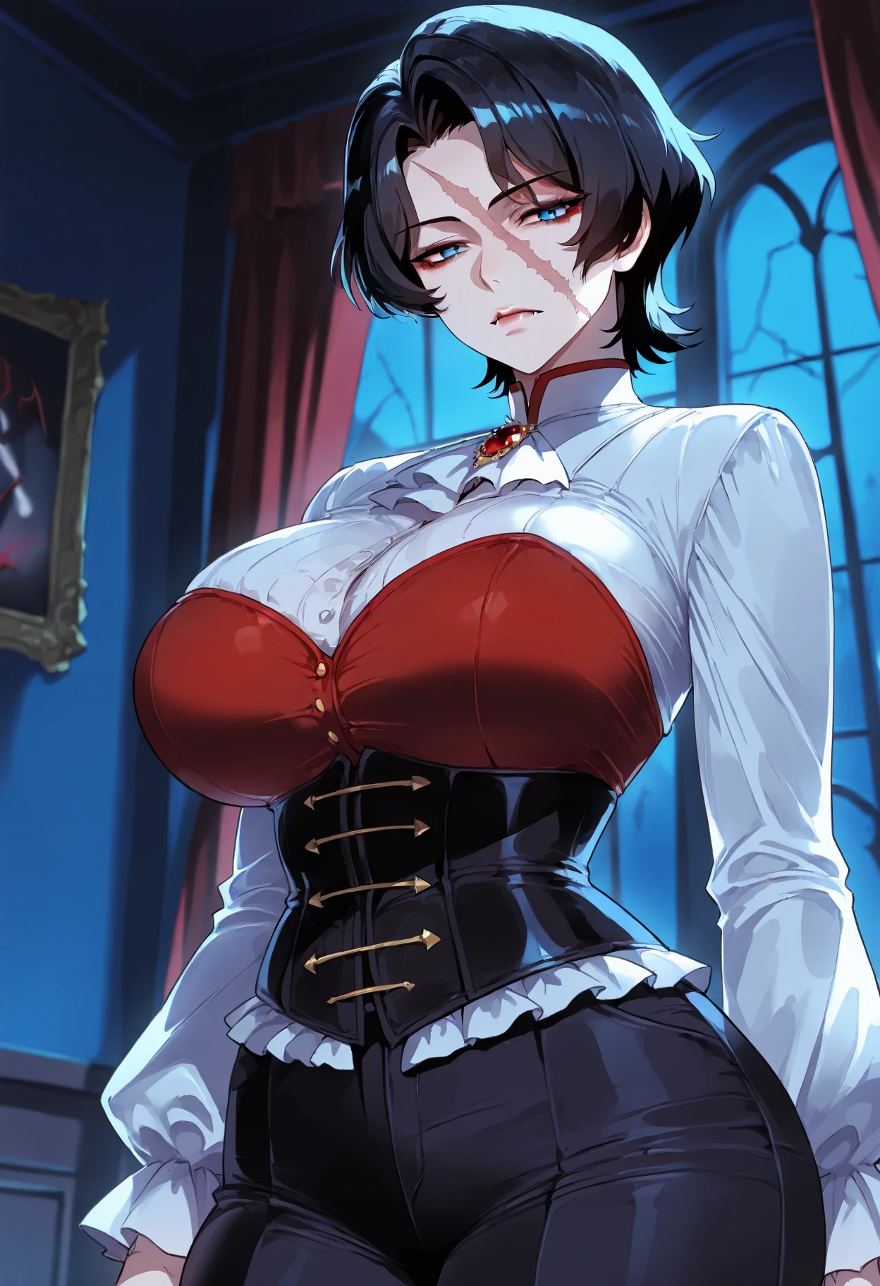 a beautiful, tall, mature woman, with short hair, a stern look, wearing sexy lingerie, visible cleavage, a dark room, 18th-century atmosphere, seductive, noblewoman, bra and panty, big breasts, dark and moody atmosphere, visible panty