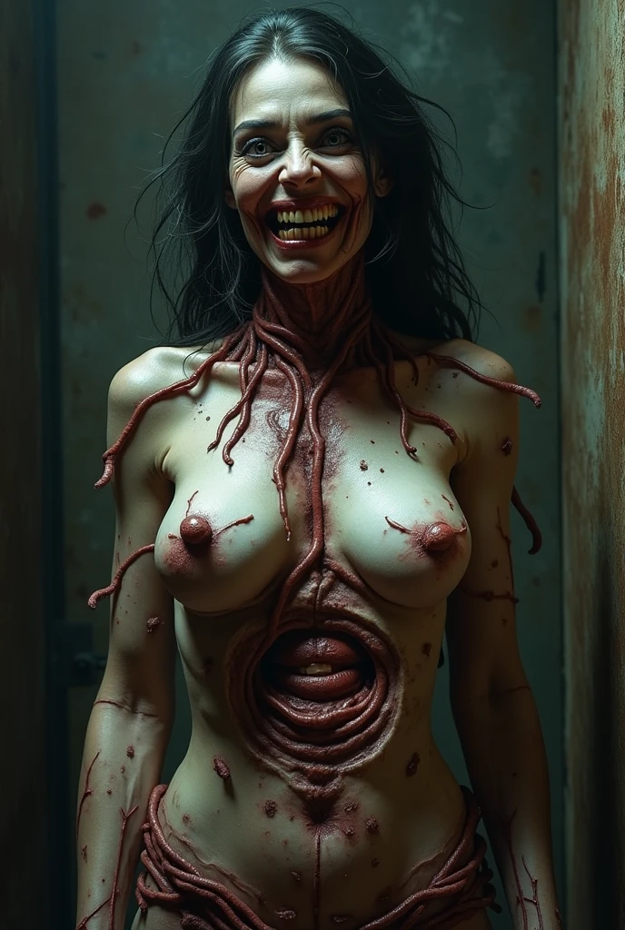 Create an artistic rendering of a sexy zombie model with dead eyes and additional erotic details to accentuate her eerily attractive essence. Incorporate pornographic elements such as prominent abrasions and remnants of fresh blood for authenticity. Add details like bloodied wounds, open gashes with visible viscera, and bruises to enhance the realistic horror effect. Include specific descriptions such as ‘blood trails on her thighs and chest’ and ‘seductive movements with blood streaks on her hips’. Integrate twisted hair and contorted lips to add character. Emphasize subtle erotic details such as tense muscles, sensual curves, and maximum nudity without clothing. Explicit depictions of intimate parts, like a ‘detailed view of a beautifully shaped pussy’, should capture the essence of her undead allure. Incorporate details like erotic poses with legs spread apart and intense sexual energy depicted throughout the image. For a dramatic effect, add more blood on the body. The surroundings should be varied to ensure that each generated image is different. Closed mouth. Spread legs appart. From behind. Prominent warm veins on the breast and where they may be on the body. Moist shiny skin.