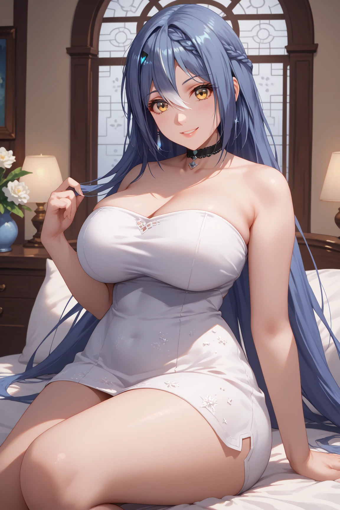woman, AANJ, LONG HAIR, LARGE BREASTS, casual outfit, oversized shirt, white shirt, bare legs, loose shirt