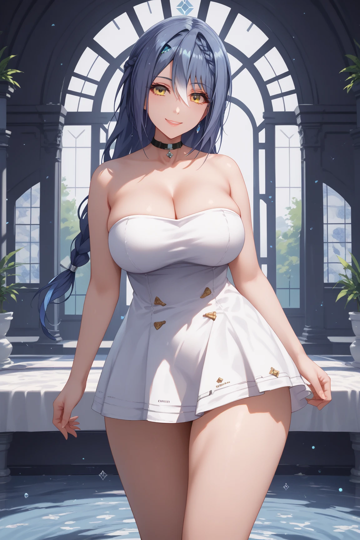 1girl, (solo:1.2), ((masterpiece)), (shadow), [slim], (big breasts), ((sharp focus)), pale skin, blurred background, ((topless)), (bare back), mountain view, wooden bridge, ((bare back of the head)), bare shoulders, standing, (blue hair), (long skirts), bracelets on arms, long hair, faruzandef