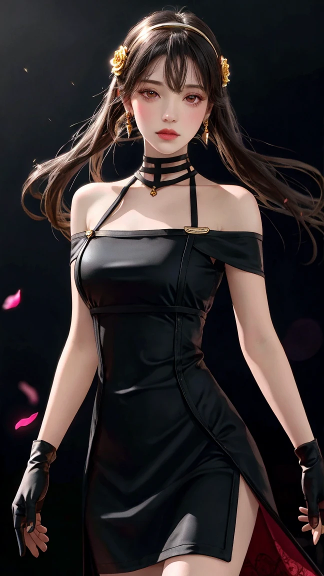 best quality, ultra high res, (photorealistic:1.4),yor briar, 1girl, backlighting, bare shoulders, black background, black dress, black gloves, black hair, breasts, closed mouth, cowboy shot, dress, earrings, expressionless, fingerless gloves, floating hair, floral print, flower, gloves, gold earrings, gold hairband, hair flower, hair ornament, hairband, holding, holding weapon, jewelry, large breasts, light particles, long hair, looking at viewer, off-shoulder dress, off shoulder, petals, red eyes, rose, rose petals, rose print, short hair with long locks, sidelocks, solo, spikes, thighs, two-sided dress, two-sided fabric, weapon , ((masterpiece)) <lora:koreanDollLikeness_v10:0.2> <lora:yorBriarSpyFamily_lykonV1:0.8>