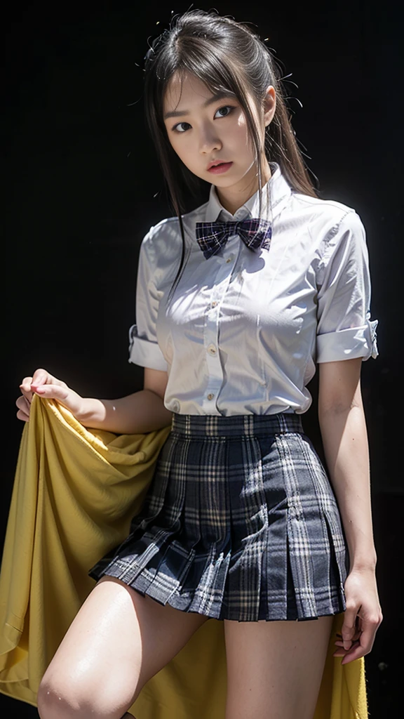 masterpiece, Highest quality, 8K, Young beautiful girl, Baby Face、Clothed Big Tits、((((((10 years old)))))),((Large Breasts:1.3)), photo shoot, Cute face, Embarrassing、smile、 makeup, Ten generations, Detailed face, Long Hair、Black Hair、Narrow waist,((school uniform、White shirt、Checkered mini skirt))、Black knee-high socks