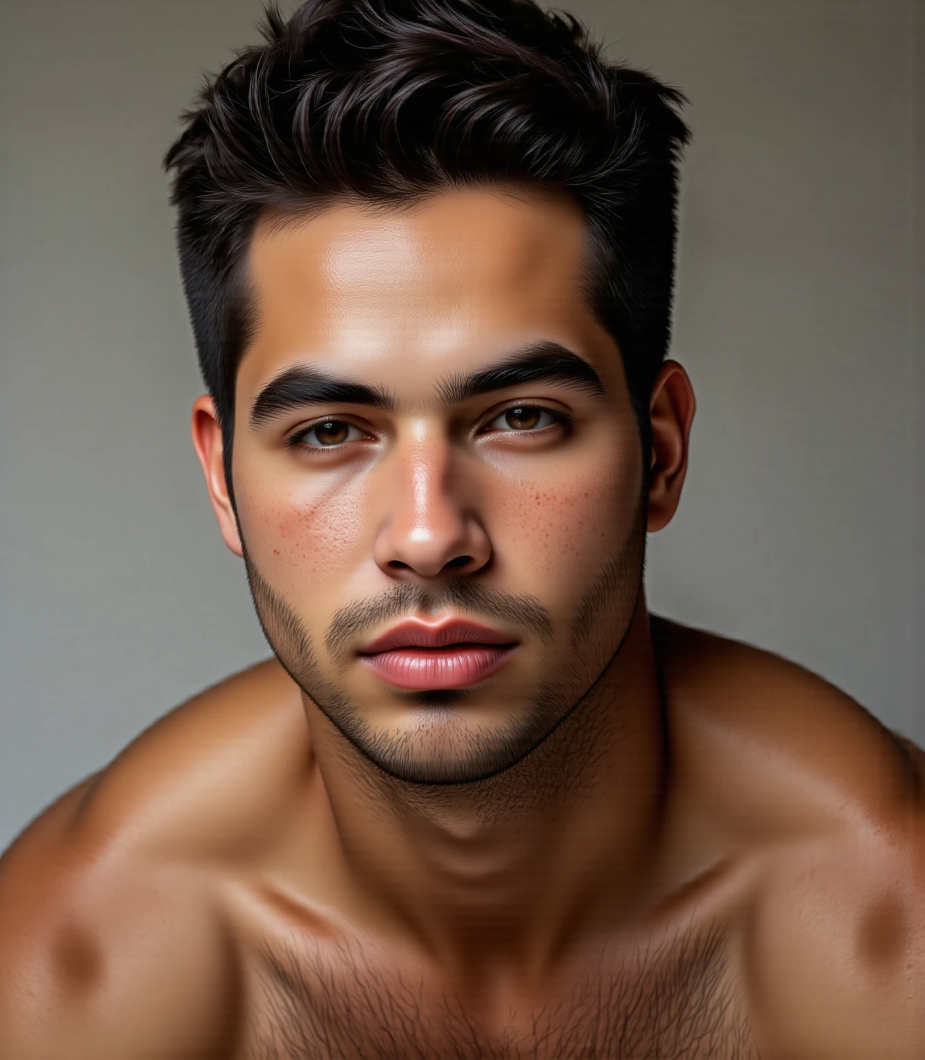 Handsome young man, muscular, Latino, dark eyes, short black hair, pink scenery