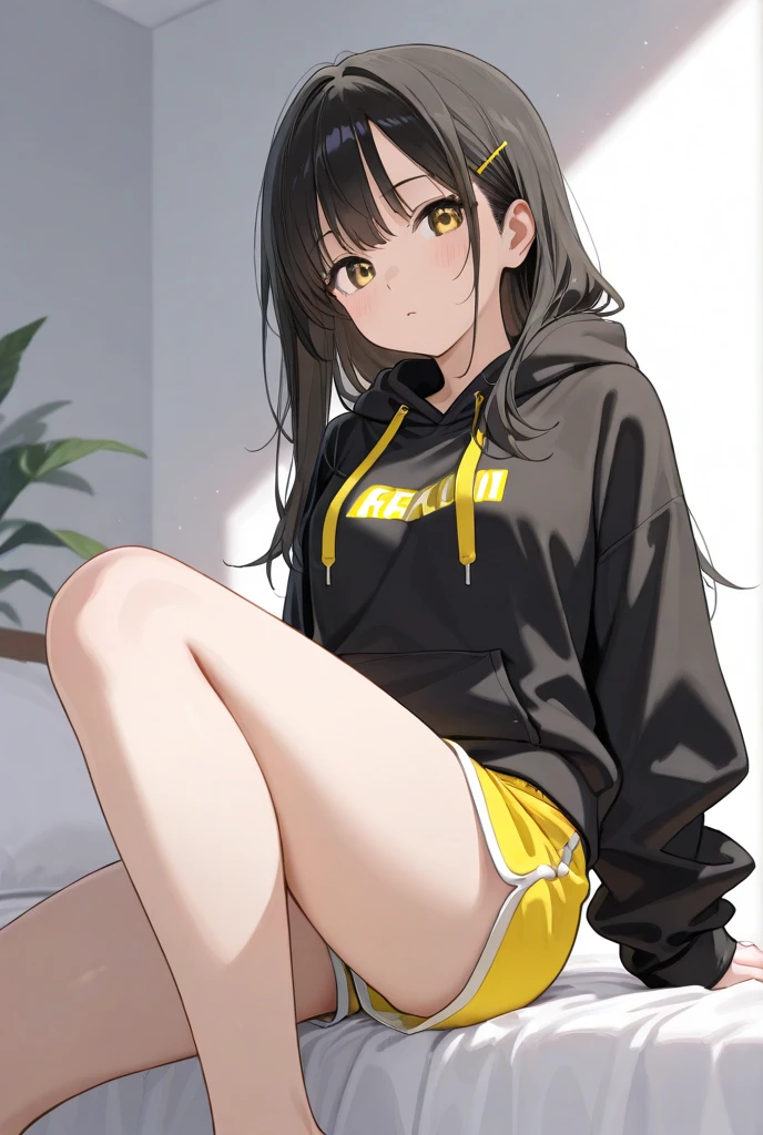 (((1girl))), ((best quality)), ((masterpiece)), ((ultra-detailed)), (illustration), (detailed light), (an extremely delicate and beautiful), (beautiful detailed eyes), (sunlight), ((extremely light)), 

((((white and black gym uniform)))),
school girl,

wavy long, (((dark brown hair))),  (((long hair))),
(((deep orange eyes))), 

((whole body)), aged 14 to 17, 
diamond, beautiful, ((extra elegant)), (((condescending expression))), (sexually mischievous smile),  (((extra adorable))), (((extra slender shape))), 

sitting in the school gym with her leg up

(((extraordinarily thin thighs)))