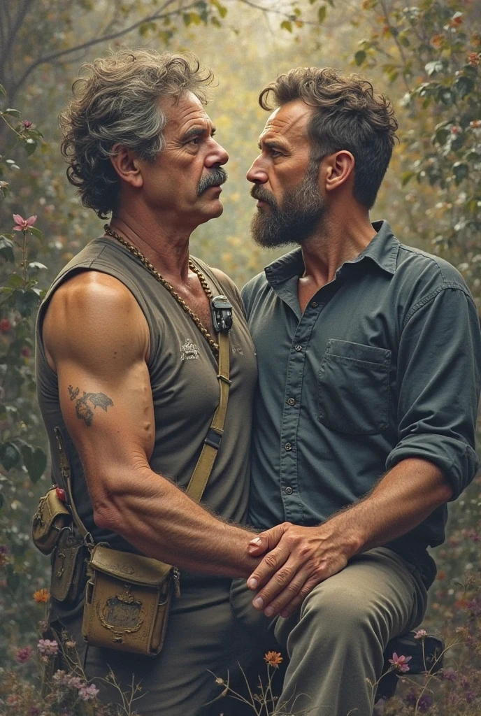 Capture an 8K, hyper-realistic portrait of a man around 50 years old, wearing a white polo shirt and wine-colored chinos. His body is chubby and he flaunts a disheveled military-style short haircut. A rugged beard covers his face, giving off a lumberjack vibe. beside him, another man revealed himself, muscular with an abundant hairy chest. Both men's bodies need to be shown in their entirety, with a focus on the hair on their chests in hyper-realistic style. photography inspiration from Greg Rutkowski's photography, keep a high level of realism, accentuating the men