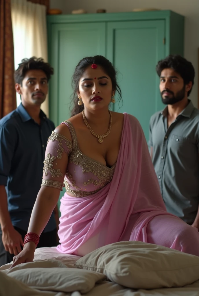 a 50-year-old shirtless man affectionately hugging and kissing aradiant, full-figured South Indian plus-sized 30 year old teacher wearing a off white silky saree in dressing room, (cum Splash on her face and blouse, cum Splash on her face, cum Splash)captured in a full-body image with vibrant hues and meticulous details. Full body image