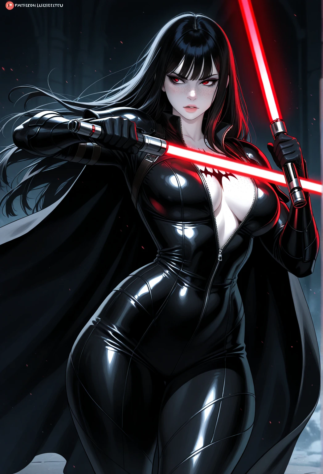 1 woman, beautiful girl, long black hair, shiny, red eyes, looking at the viewer, full body framed, ninja, ninja woman, sensual ninja, dangerous ninja, very realistic light skin, wearing ninja outfit, pants, with black metal parts with sparkle, sword in hand, night, in the shadows, sneaking