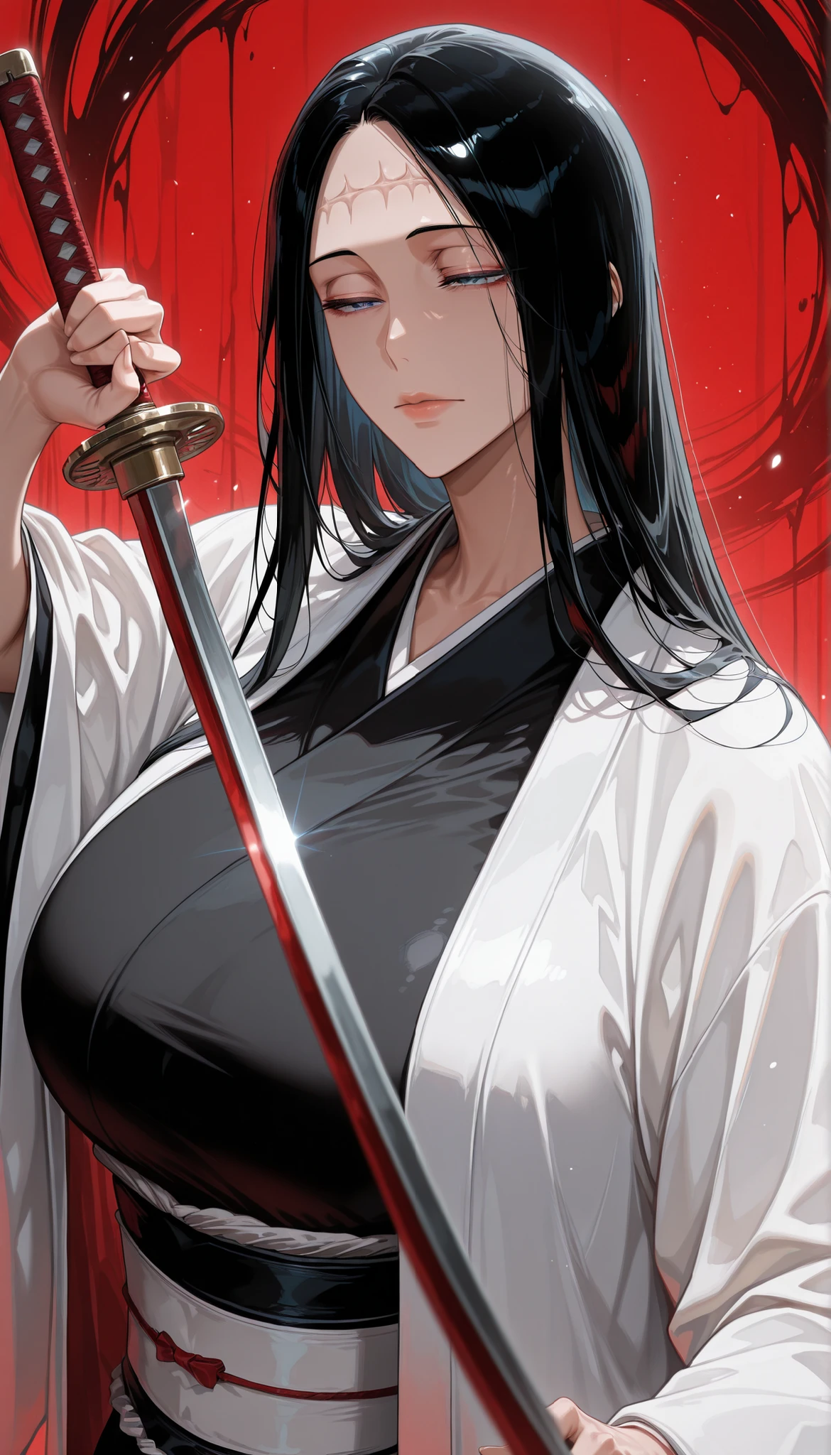 masterpiece, best quality, newest, 1girl, upper body, close-up,
unohana_tybw, blue eyes, black hair, very long hair, forehead stitches, straight hair, forehead, black kimono, haori, long sleeves, wide sleeves, expressionless, narrowed eyes,
large breasts, lips, androgynous, holding weapon, katana, posing,
abstract background, red background, light particles,