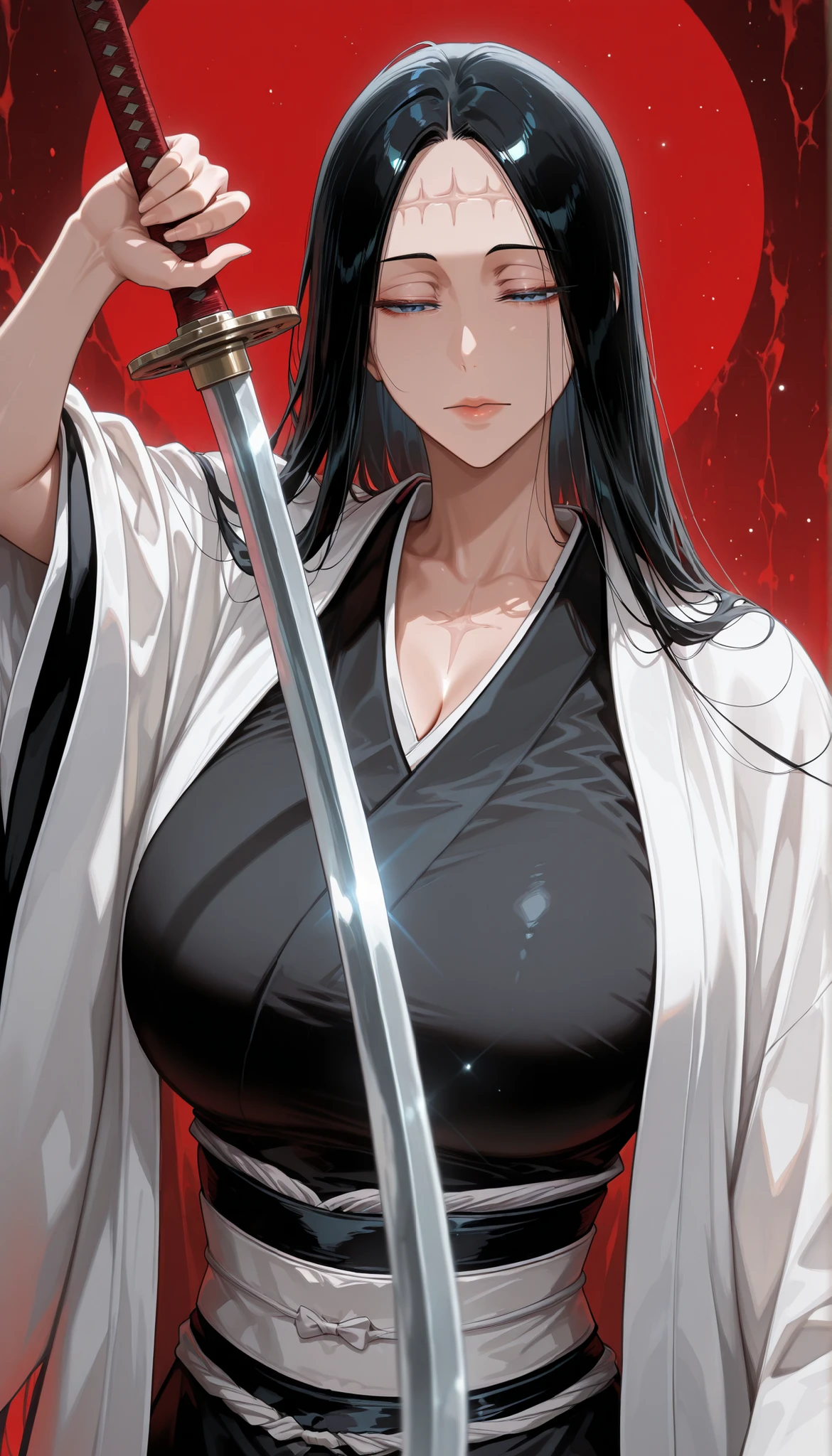 masterpiece, best quality, newest, 1girl, upper body, close-up,
unohana_tybw, blue eyes, black hair, very long hair, forehead stitches, straight hair, forehead, black kimono, haori, long sleeves, wide sleeves, expressionless, narrowed eyes,
large breasts, lips, androgynous, holding weapon, katana, posing,
abstract background, red background, light particles,