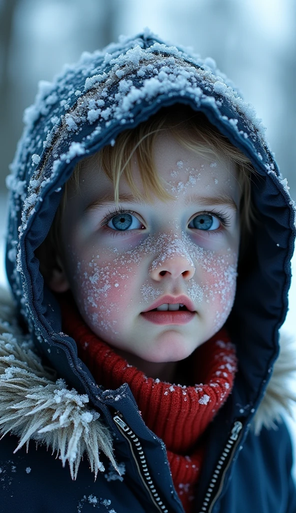 A Russian Nordic boy with white hair and dark blue eyes, wearing an Ushanka and a coat.
In the background is a snowy forest