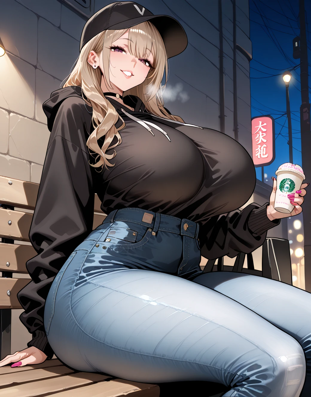 Anime character with blonde hair and blue jeans walking down the street, anime girl drinks energy drink, Soda themed girl, thick, small curvaceous , high resolution fees, highly detailed art germ, Kushat, Guviz style artwork, tits, an tits cyberpunk, Pixiv ArtStationのGuweiz, Height 100m