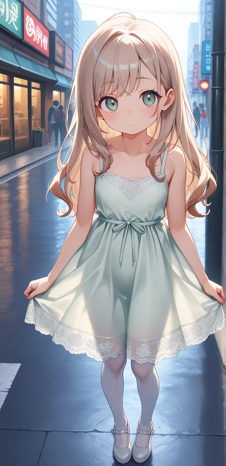 1girl,medium length hair,arms behind back,((show off panties,sow off nipples under white dress)),ash gray eye,big breasts,erection of nipple,playground,light brown hair,(white dress:1.7)