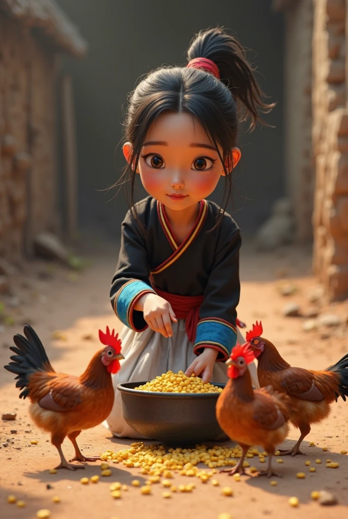(masterpiece), (best quality), illustration, super detailed, high dynamic range, depth of field, (colorful), ,Xu Lingyin is an online novel《Da Bong beats more people》6 year old chubby girl，Holding a huge grilled chicken leg in hand，（Eating chicken legs very happily），Ancient China，Upturned braided ball head，The face is very round，small mouth，Eyes narrowed to a slit，smiling，Looks coquettish，Cute personality，Innocent and adorable，Extremely gluttonous，Cartoon，comics，Pixar
