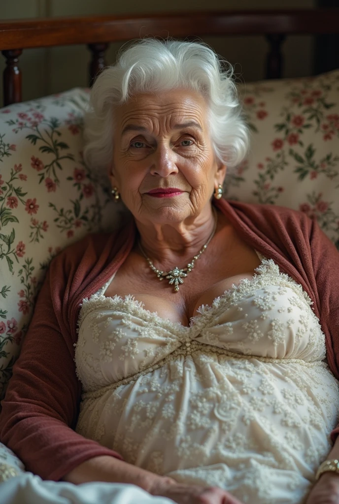 (penis cum:1.4), (gigantic saggy breast:1.6), (queen elizabeth 90yo in operating room), (sleeping lying down:1.4), (excessive cum on breast:1.4) (nsfw:1.4), (pink low-cut chiffon and lace shirt:1.5), (from belove:1.4)