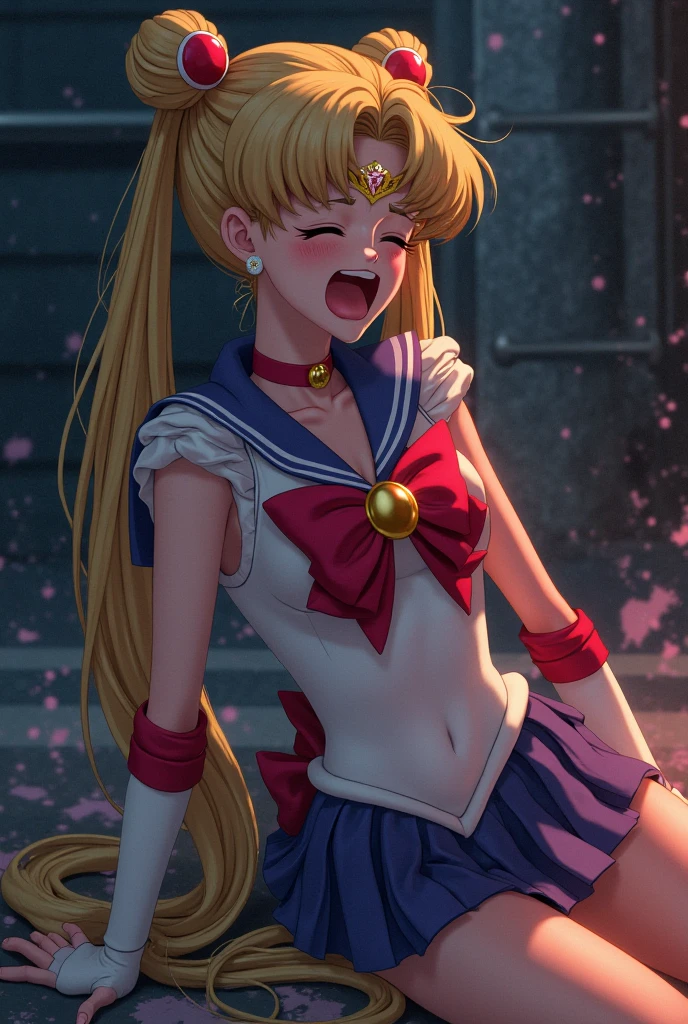 solo, eternal sailor moon, closed eyes, open mouth, lying on ground, head shot, tilt head, pain, suffering, torn clothes, injured, bleed, from side