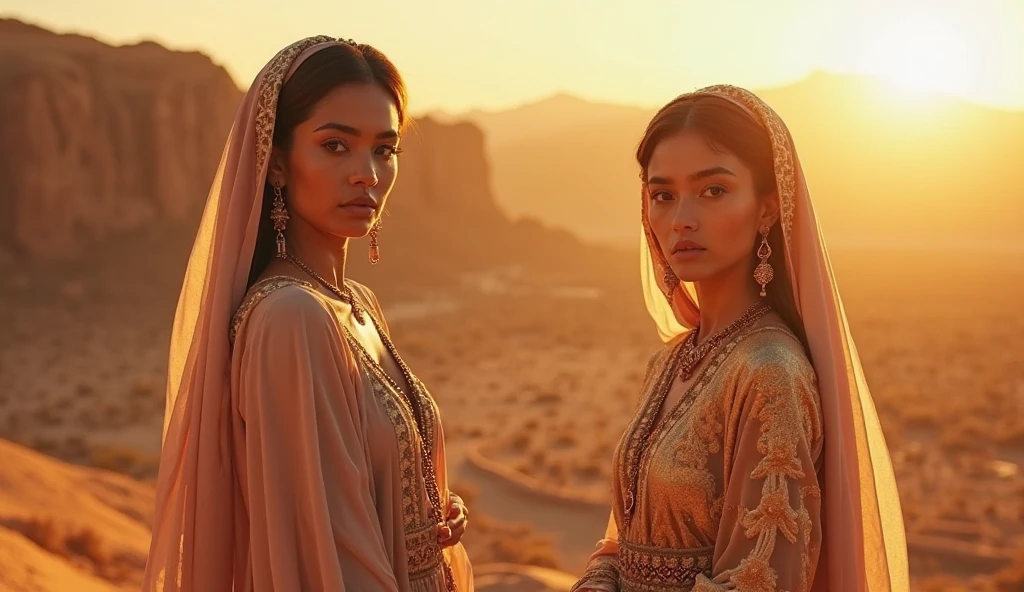 1 beautiful young women ,with a beautiful, very realistic face, a beautiful body,a magnificent brown outfit and magnificent jewelry