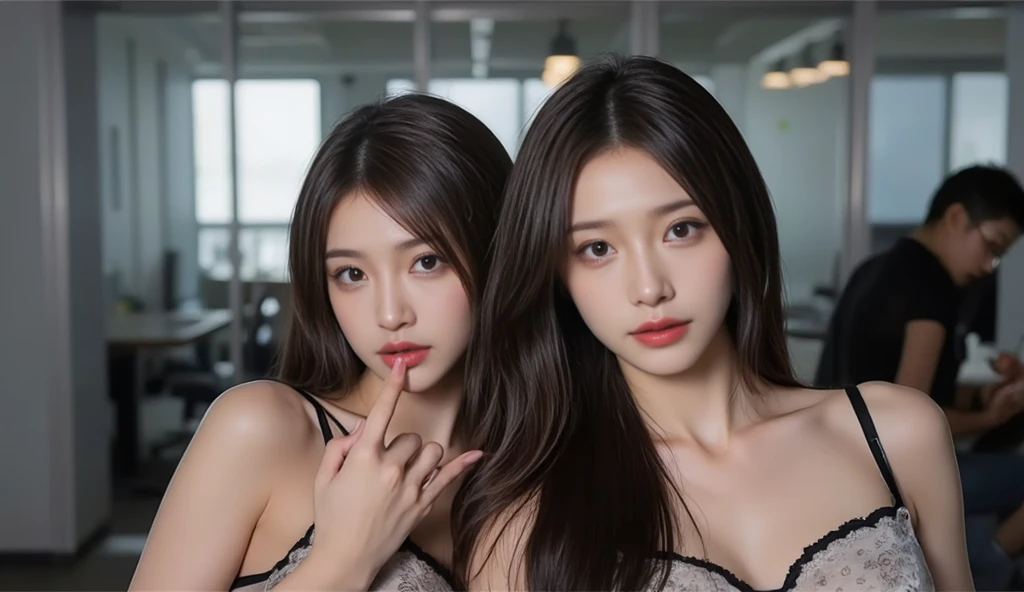 Two women sitting next to each other in a room, dos modelos en el marco, hermosos gemelos geminis, con negro, ulzzang, nixeu y sakimichan, jennie rosa negro, ambos tienen labios rojos, two girls, hermosos gemelos geminis portrait, #jefe, # jefe, dilraba dilmurat, caras hermosas, jossi de blackpink