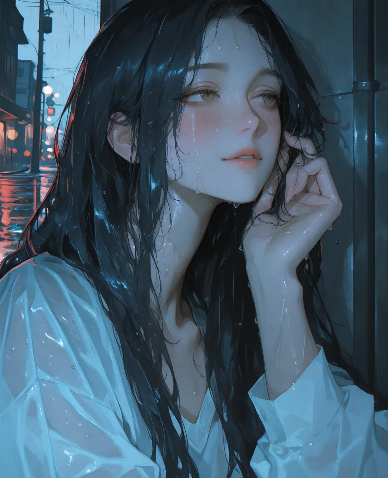 (maximum resolution, clearly_image) best quality, (((1 female))), masterpiece, Very detailed, cityscape at night, semi-realistic, wet black hair, wet straight hair, Poker face, Bangs, heavy rain, 21 years old, Mature, young, cry,wet white shirt, outdoor, delicate facial features, facial features, medium shot,despair,