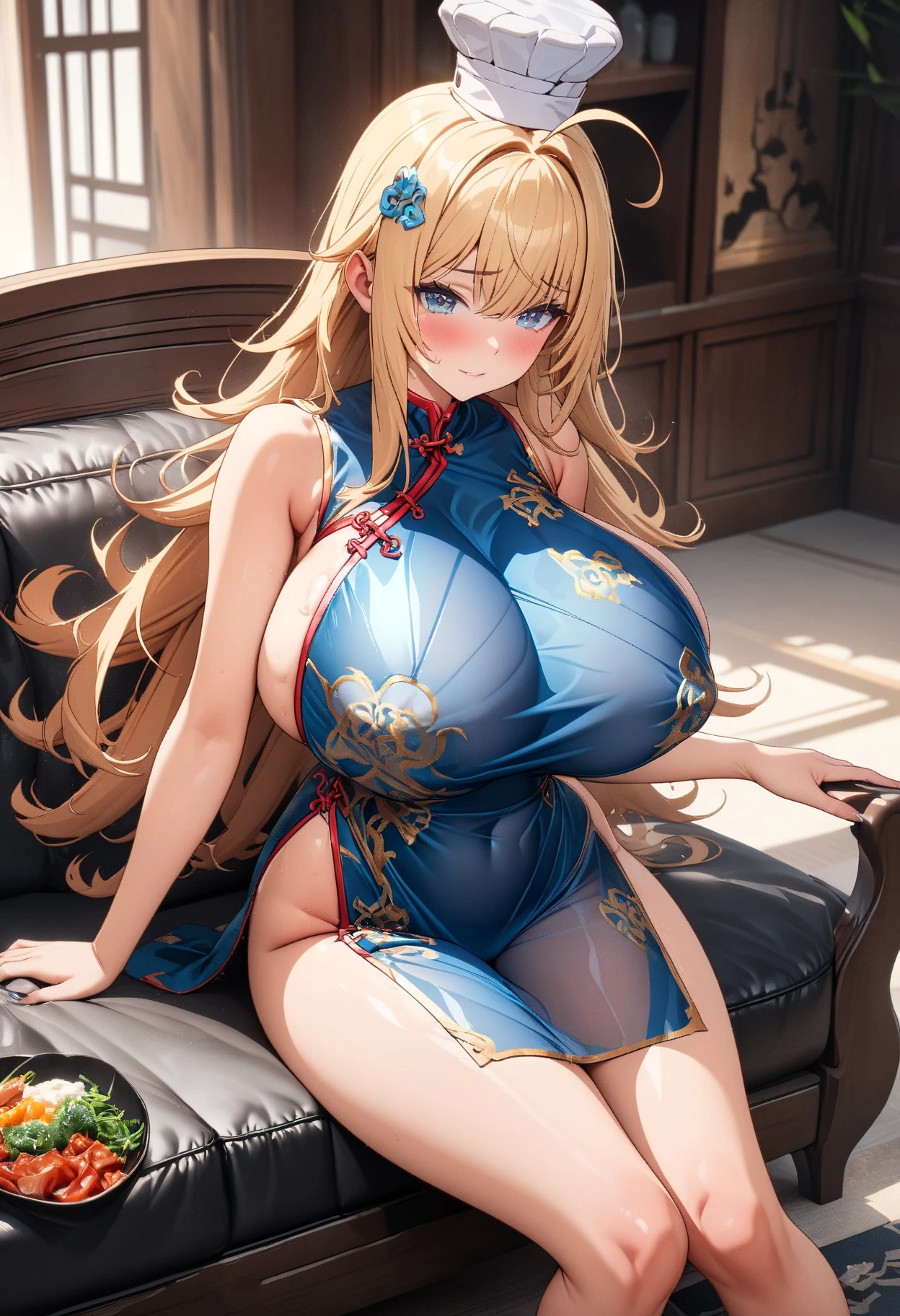 With anime girl (Yellow Hair) Take a big pose in the room., Enchanting anime girl, Biomechanical tits, Impacto de Ayaka Genshin, Detailed digital anime art, have large breasts, The finer details. Girls&#39; Frontline, [ Arte Digital 4K ]!!, tits, Amazing Anime 8K, Girls Frontline, High quality 8K detailed art, Neckline