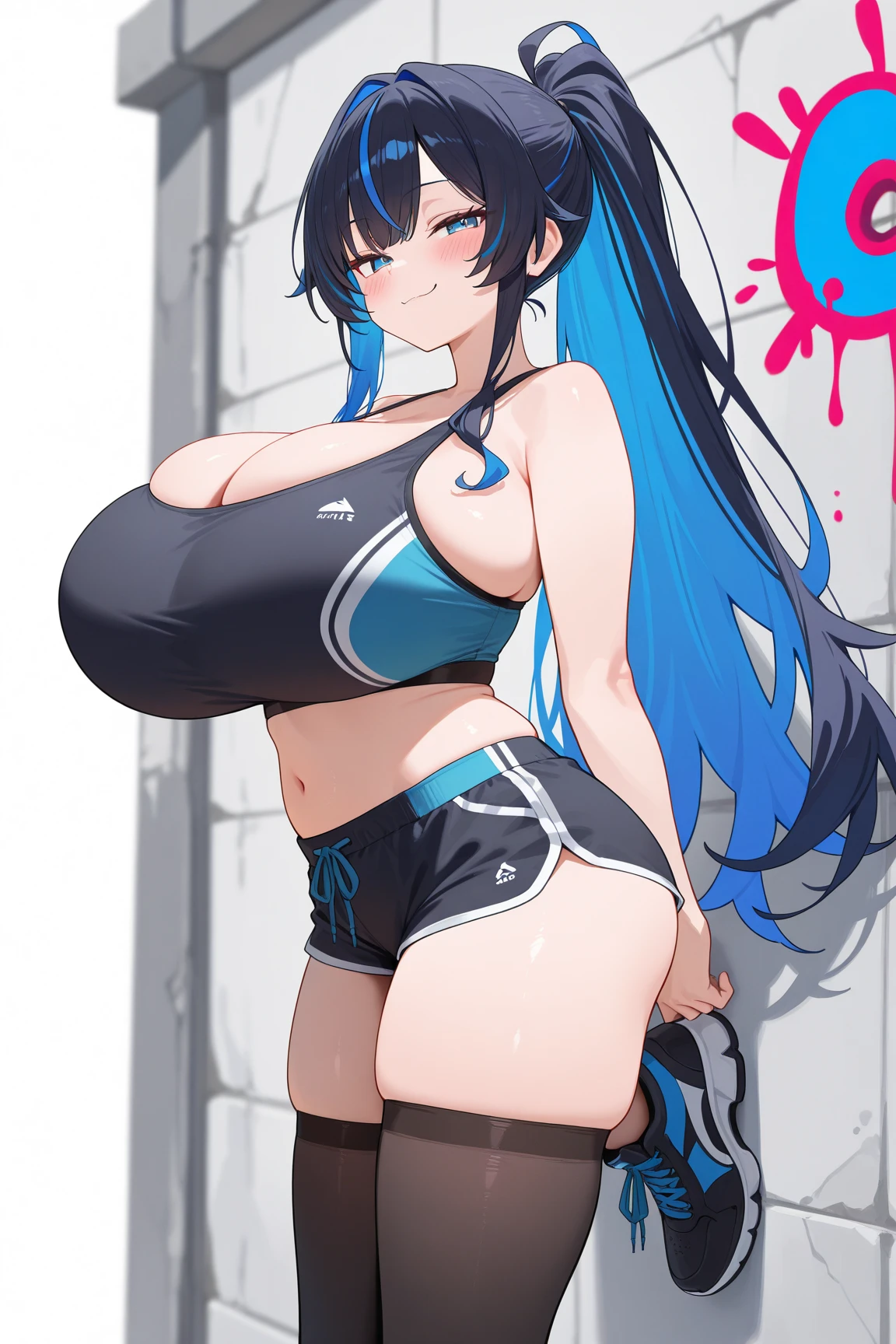 1girl, blue hair, dark blue hair, long hair, red eyes, long hair, breasts, large breasts, wide hips, thick thighs, sportswear, sports bra, black sports bra, blue trim, shorts, highleg panties, fingerless gloves, black thighhighs, thighhighs, gloves, highleg, smile, smirk, smug