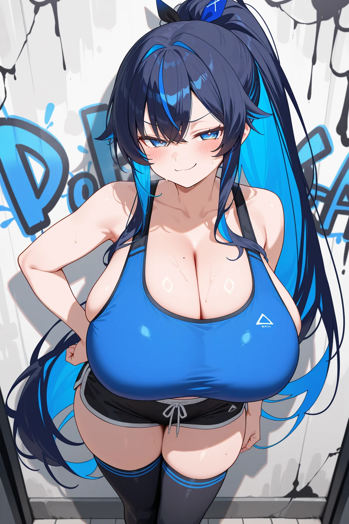 Matsuura kanan love live, long hair, ponytail, blue hair, purple eyes, gym bra, bike shorts, standing, puffy crotch , skindentation , in street, lake in background ,hand on hip, hip squeeze, (tongue out:1.2),one eye closed, smile , open mouth, love live style