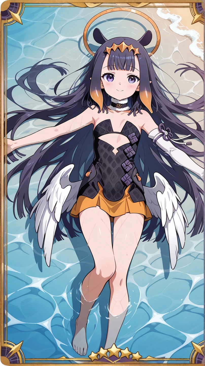 <lora:love_anime_style_v1:1>1girl,solo,long_hair,looking_at_viewer,simple_background,black_hair,gloves,white_background,navel,closed_mouth,swimsuit,bikini,wings,black_gloves,flat_chest,monster_girl,feathered_wings,circlet,harpy,winged_arms