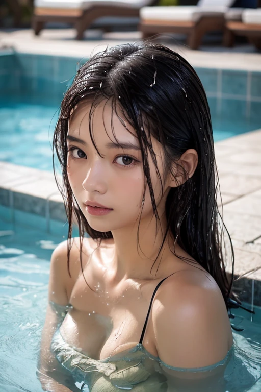 japanese beautiful woman,Ultra detailed skin,Ultra-fine,toView,Brown-eyed,drooing eyes,high detailing,(short-haired with bangs:1.2),(Photorealsitic:1.4),(Top image quality:2.0),(超A high resolution:1.0), (​masterpiece:1.5),(pureerosface:1.5),big eye,illuminating,swim wears,20yr old,modeled,a small face,A sexy,crouching down,swimming pools,a wet body,wet swimsuit