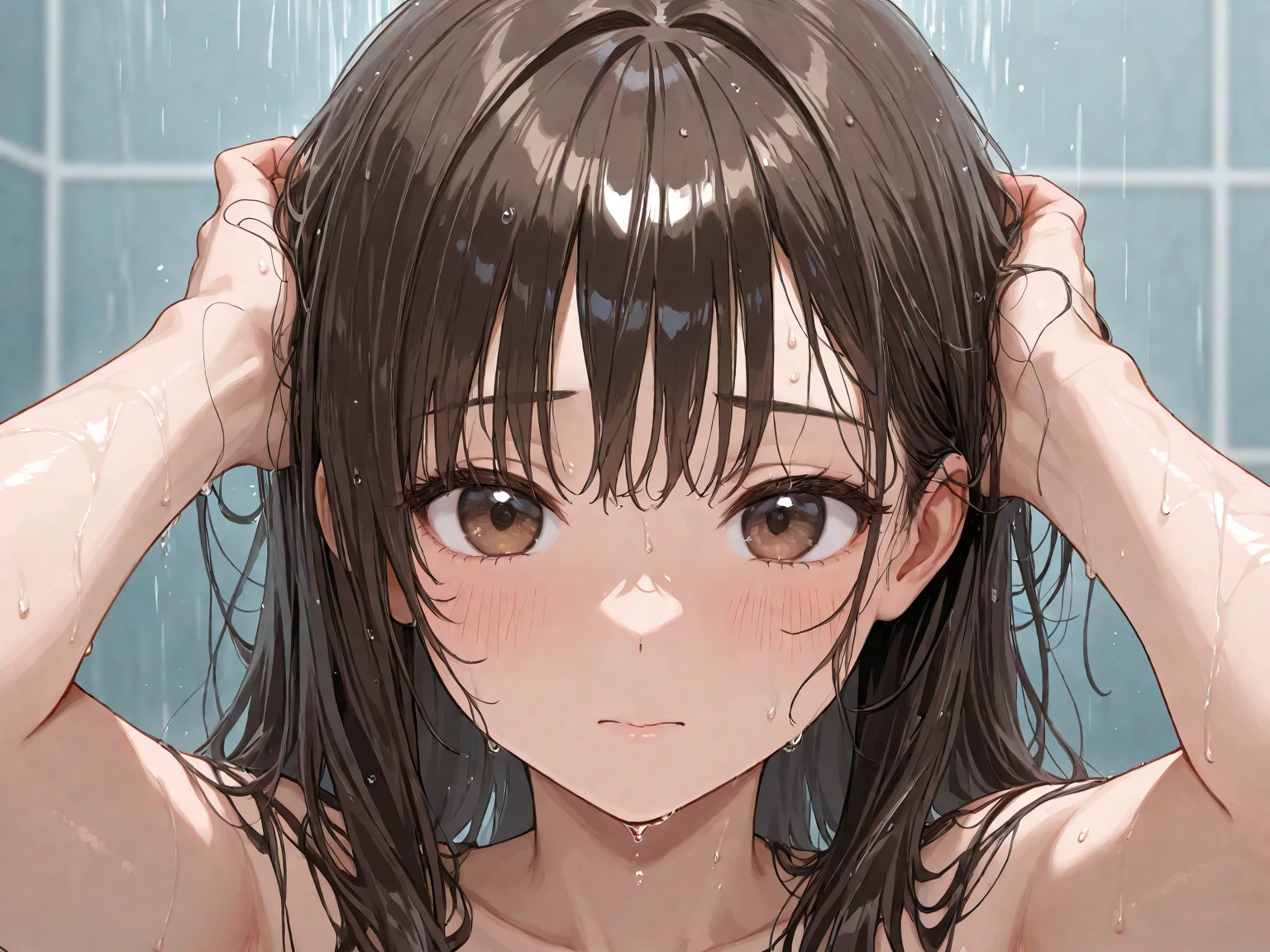 score_9, score_8_up, score_7_up, petra ral, 1girl, solo, short hair, brown hair, brown eyes, nude,shower,whole body,stand, full body, close up