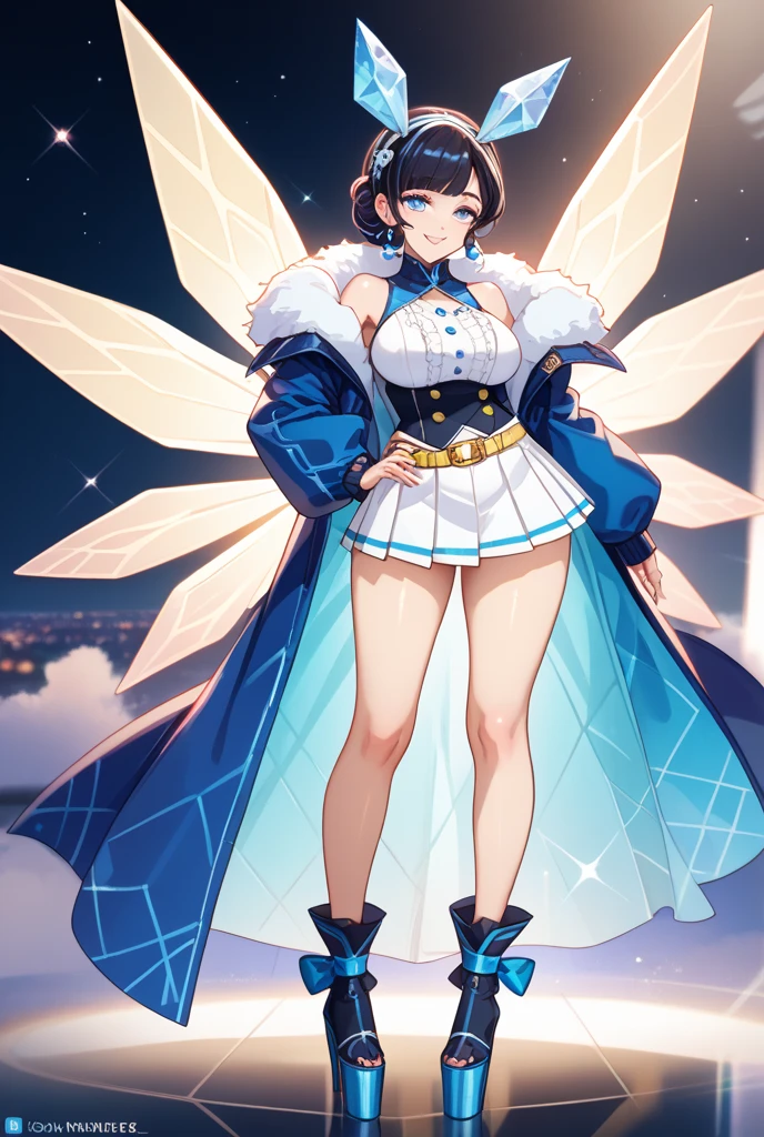 woman, (nasty Corporate:1.3) angel, full body, cameltoe, [:sexy costume design,:0.2], official art, korean,  azure lighting from below, on a rennaissance staircase, bombshell hair, dark indigo hair, bombshell hair, pigeon-toed<lora:EnvyCuteXL04:1>