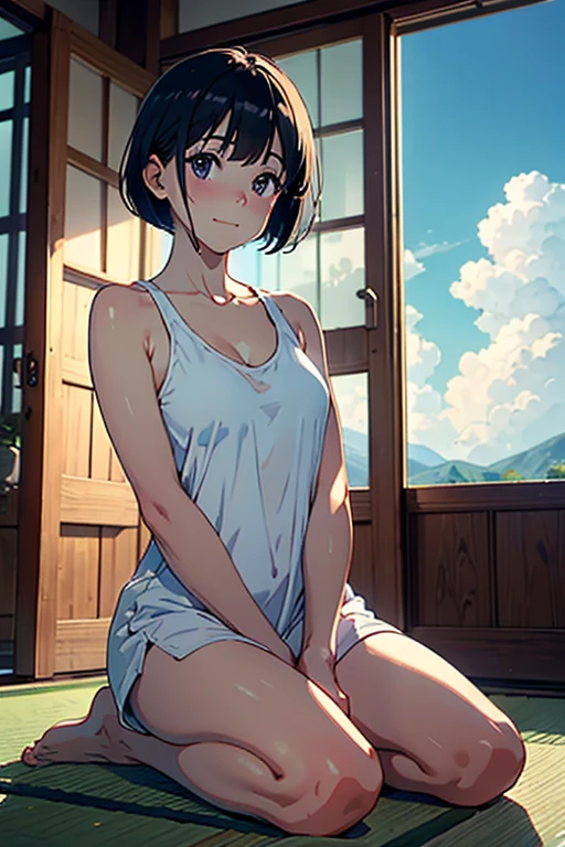 beautiful girl, slender, boyish, very short hair, brown hair, (wear a white long-sleeved T-shirt), (white bikini panties) , Perfect hands, Perfect body, Sitting with one Knee , (bare foot), ((looking away)), relaxing, ((Exquisite detail)), Very finely crafted fingers(((10 fingers))), (Full-body showcase), (Show your whole body), (No logos on background), (No logo), (taken from below),