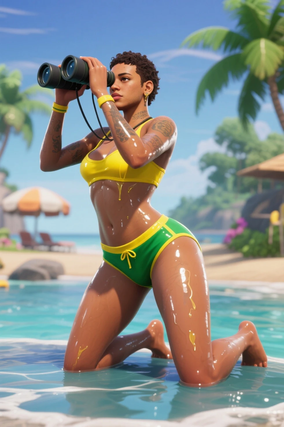 3D realista, obra maestra, Reina del desierto, chica joven y hermosa, ojos verdes, labios rojos, ropa interior de color negro, atletic body, Pose sexy, cuerpo completo, Daylight, Psychedelic landscape