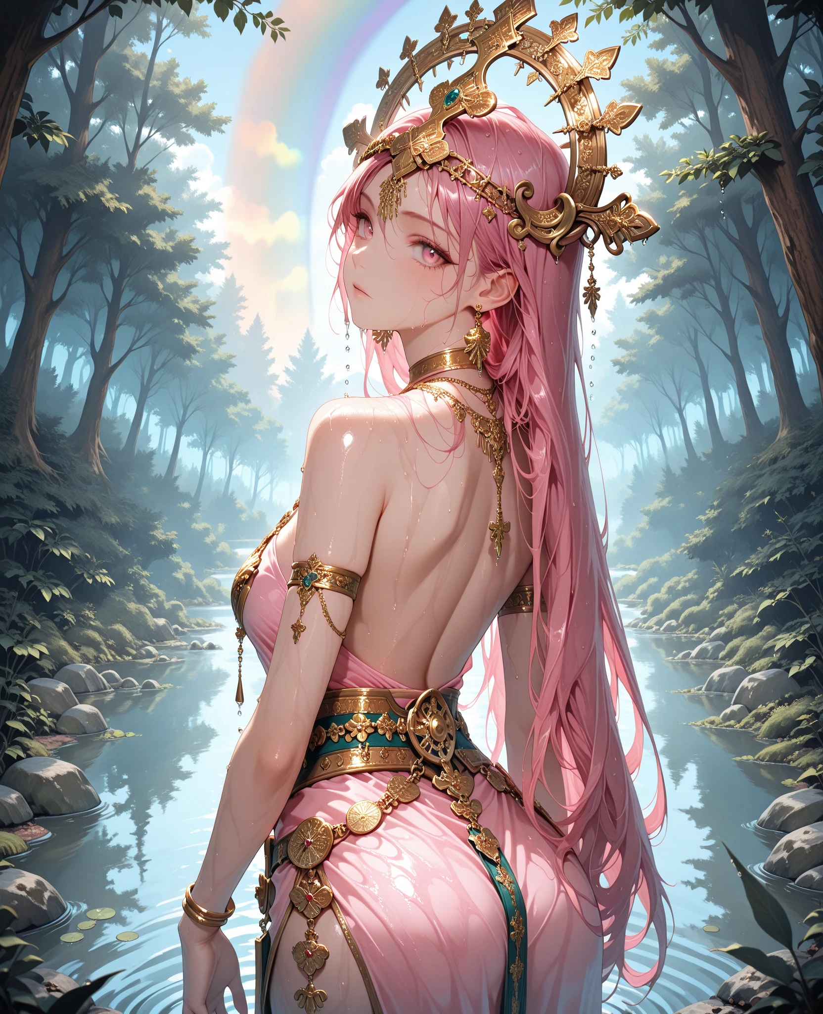 (masterpiece:1.2), (The best quality:1.2), Perfect lighting, Dark demon girl, In his twenties, arching her back in a sexy seductive slutty pose, accentuated super huge enormously big tits, neckline, beautiful open kimono, oni horns and hair ornaments, from above, cherry blossoms blowing in the wind, very long pink hair, sitting spreading her legs open. Shinto shrine background, deep cleavage showing 
