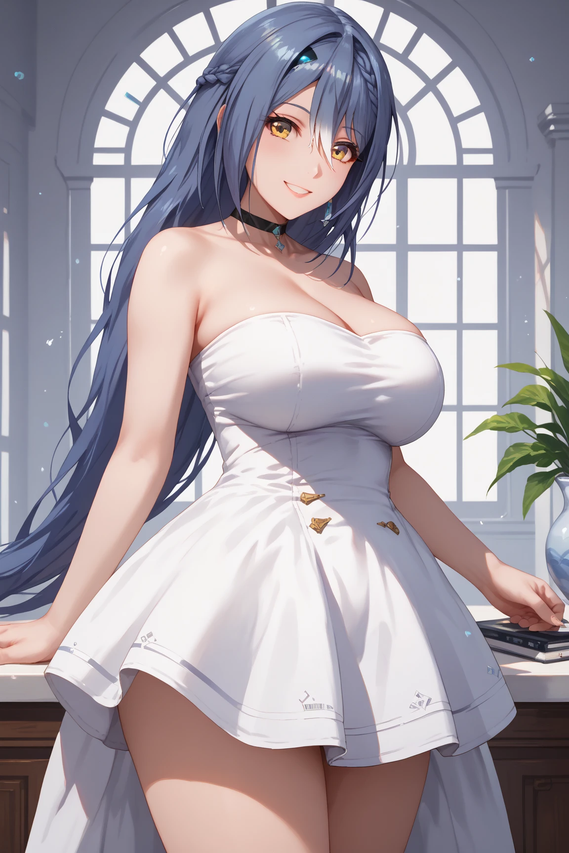 1 girl, young seductive female, white camisole, large breast, dark room, moaning, long black hair, blue eyes, cat ears.