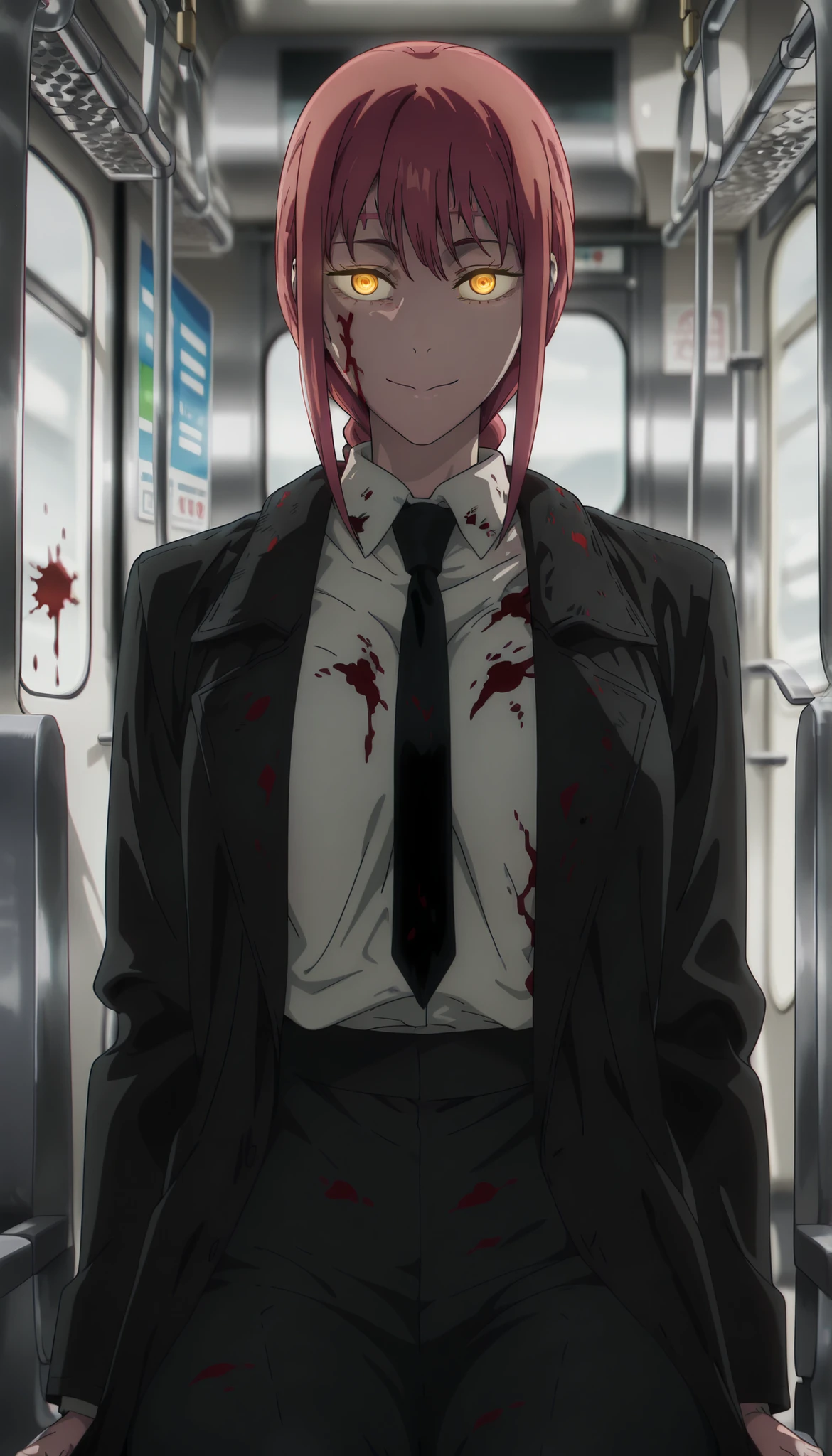anime coloring, (anime screencap) masterpiece, detailed face, Makima, 1girl, necktie, blood, blood on clothes, forehead stitches, blood on face, shirt, solo, black necktie, pants, black pants, ringed eyes, (glowing eyes:1.3), looking at viewer, yellow eyes, jacket, formal, white shirt, collared shirt, suit, red hair, bangs, black jacket, blood splatter, sidelocks, shirt tucked in, train interior, medium hair, blurry, closed mouth, braid, smile, coat, business suit, sitting, indoors, long sleeves, blurry background, black coat, braided ponytail, standing, red hair, large breasts, wide curvy hips, thick thighs