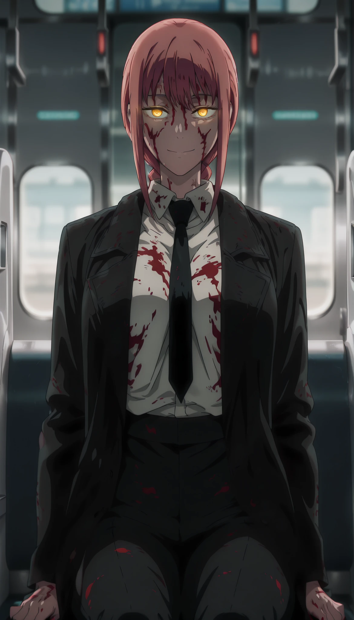 anime coloring, (anime screencap) masterpiece, detailed face,  Makima, 1girl, necktie, blood, blood on clothes, forehead stitches, blood on face, shirt, solo, black necktie, pants, black pants, ringed eyes, (glowing eyes:1.3), looking at viewer, yellow eyes, jacket, formal, white shirt, collared shirt, suit, red hair, bangs, black jacket, blood splatter, sidelocks, shirt tucked in, train interior, medium hair, blurry, closed mouth, braid, smile, coat, business suit, sitting, indoors, long sleeves, blurry background, black coat, braided ponytail, standing, red hair, large breasts, wide curvy hips, thick thighs 