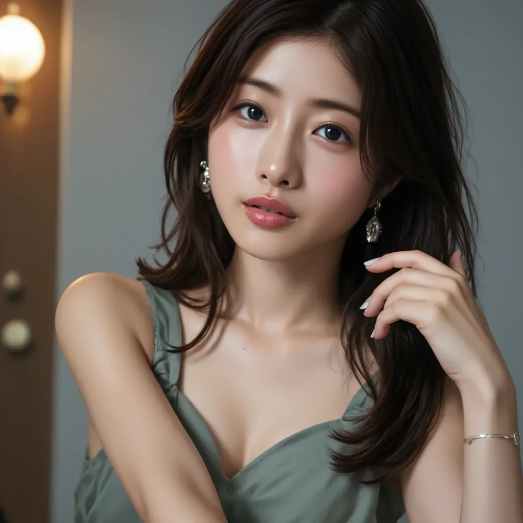 masterpiece, 1 beautiful girl, Detailed eyes, Puffy eyes, highest quality, 超A high resolution, (Reality: 1.4), Cinema Lighting, Asian Beauty, Half Japanese and half Korean, Super Beauty, Beautiful Skin, Slender, Body facing forward, (Surreal), (High resolution), (8k), (Very detailed), (Beautiful and detailed eyes), (Ultra-detailed),  (wall-), Detailed face, Bright lighting, Professional Lighting, View your viewers, Look straight ahead, Diagonal bangs, Brown Hair, tall, 

Age 25, 1 person, ((Beautiful female announcer, Cute mouth:1.2)),

((A sexy see-through green nightgown, No bra, I can see your beautiful thighs:1.2)),
((Gorgeous Earrings, Long Necklace)), 
((pale pink wall, Near a tall window, The sunlight shines in, Bright room:1.2)), 
((Sit with your back against the wall and your legs stretched out, Lift your legs, Open your legs a little:1.2)),
(From the feet to the whole body, Pay attention to the beautiful thighs, The crotch cleft is clearly visible:1.5), 

((Boyfriend's bedroom, Good mood with my boyfriend, Big white bed, lie down on a fluffy bed)), 
((Sexy atmosphere, hold out your lips, Cutely shy, Gazing intently at the audience)),
((Have an ecstatic look on your face during sex, A sigh escapes, Be topless:1.2)),

((The cleavage is fluffy, Beautiful breasts are visible)), 
((tilt your head slightly, Raise your face slightly)), 
((Squinting)), 
((pursing lips:1.2)),
((Blushing:1.2)),
((Mouth slightly open to reveal white teeth, Stick out your tongue a little)), 
((Body facing forward)), 

Realistic skin texture, Fair skin, Shiny skin, Beautiful skin on legs, Beautiful feet, 
Very detailed face, Slim face contour, Beautiful small face, Beautiful Nose, 
超Detailed eyes, Slit eyes, Brown eyes, double eyelid, Ultra-thin eyebrows, Thin, long eyelashes, 
Ultra-detailed唇, Plump and moisturized lips, Glossy pink lips, Flushed Cheeks, 
Beautiful actress&#39;s languid make-up, Pink lipstick, Smoky eyeshadow, Eye foundation, 
Dark Brown Hair, Delicate soft hair, Hair blowing in the wind, 
(Elegantly putting your hair up, short hair, ponytail:1.5), 
Layered Cut, (Blunt bangs:1.2), 



