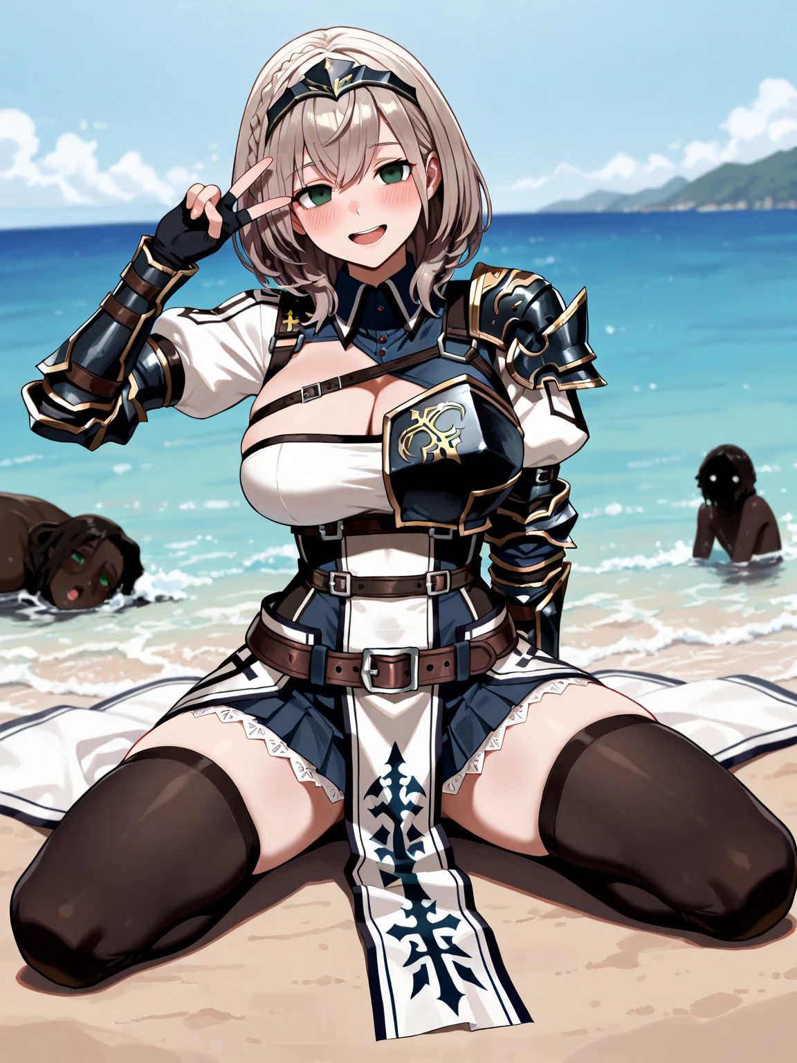 (masterpiece, best quality, intricate details, ultra details, ultra quality, highres, best shadow, best illumination, 4k)Penthesilea, short hair, small breasts, flat chested, yellow eyes, white bra, underboob, body shot, angry, long black gloves, black tiny hotpants, purple knee-socks, ((muscular:1)), six-pack, beach background, warm lighting, (colorful:1.1)