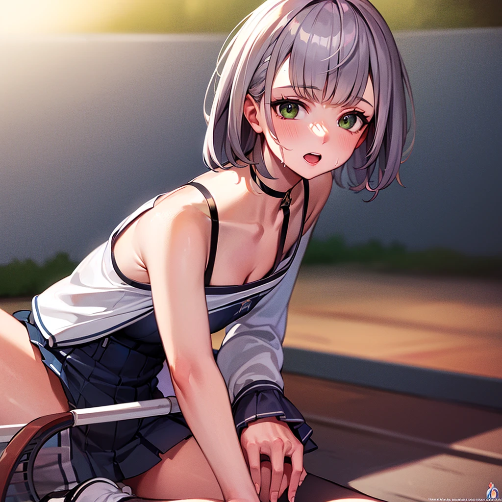 cover, ((((highest quality)))), (((Ultra-precision CG 16K))), (((masterpiece))), (((Very detailed))), (((Extremely detailed))), (((Black outline:1.3, Written boundary depth:1.3 , Written soft outline))), Maximum clarity and sharpness,Multilayer Texture, Surface Shading, Cinematic lighting, Beautiful details sparkle ,Perfect Proportions, Limited to one woman, BREAK accurate, Anatomically correct, Highly detailed face and skin texture, drawn in detail, Highly detailed facial and skin texture, Detailed eyes, beautiful hair, Beautiful Japanese Idol face, Beautiful and beautiful eyes, Beautiful body, Beautiful breasts, Beautiful thighs, Beautiful legs, Beautiful fingers, (Beautiful views) , skinny body, ((Beautiful Skin)), ((Skin Texture)) BREAK breast enlarged, medium Breasts, rocket breasts, (((perky breasts))), (covered nipples), slender waist, ( narrow eyes, blush, determined expression, hot, sweaty , Heavy breathing,) , (streaked hair, hair intakes, colored inner hair, ) BREAK (((wearing oversized character printed sexy tank top, wearing outfit in casual way, wearing pleats mini-skirt, breasts is covered by outfit))) , wearing earrings, BREAK ( stick breast out),(((looking at viewer, super detailed background , ))), BREAK (((portrait , close-up, bust-up shot, looking at viewer, bending over, on all four, sitting and holding her knee)), (natural make), random angle