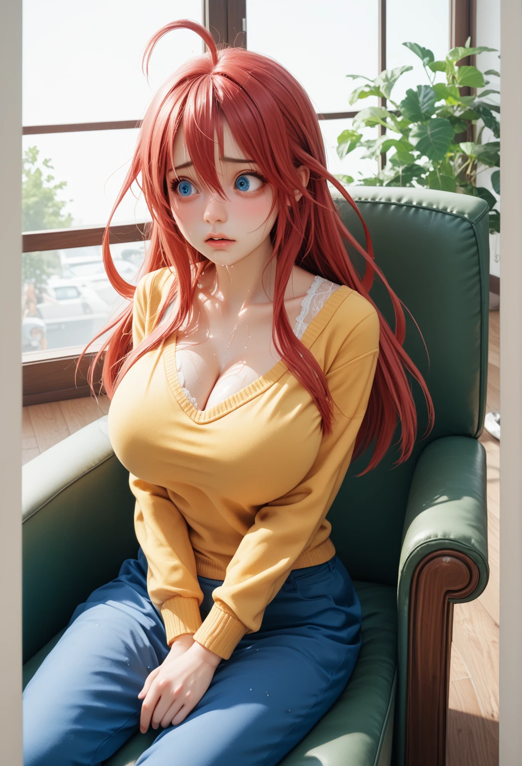 girl, crimson red hair, brown sweater, blue jeans, lot of cleavage, cleavage, large breasts, busty, voluptuous, rias gremory, ocean blue eyes, crystal blue eyes, j cup breasts, firm breasts, relaxing on a couch, ocean view in the window, gorgeous woman, 18 year old