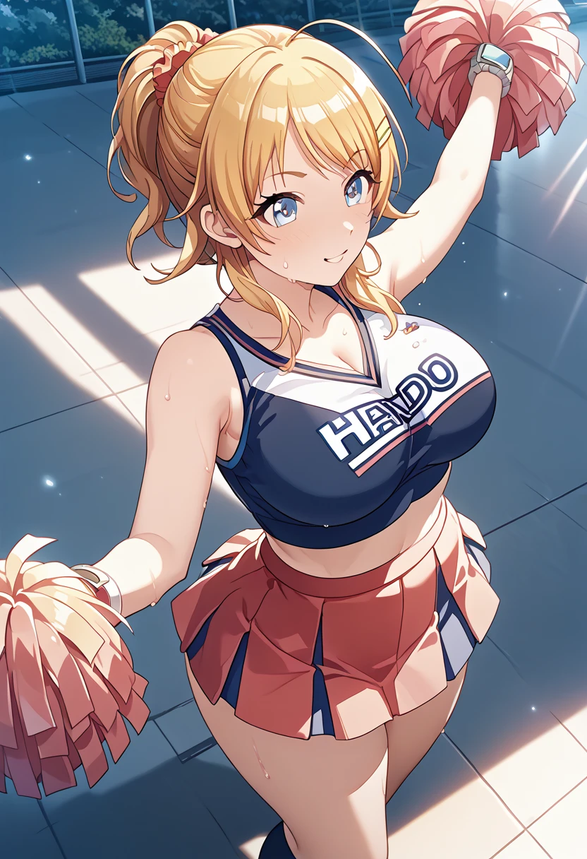 Cheerleader, large breasts, long blonde hair, bitchy expression, blue eyes, red cheerleader outfit, ponytail, locker room