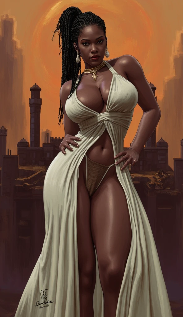 1 female, perfect, best quality, highres, black girl ,tan lines , cleopatra, dark medium hair , big lips, , jewelery, golden dress, golden armor dress, jewelery on dress, erings, neckleses, high heels golden,
