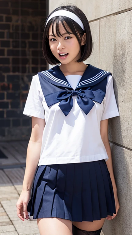 Neat 、(school uniform、Sailor suit、Ribbon knot at chest、Summer clothes、The upper body is white、The skirt is dark blue)、Off-field、(Slime-ified)、Photorealistic、detailed, Skin Texture, 超detailedな、Delicate and sexy collarbone、Laughter、非常にdetailedな顔、detailedな唇、detailedな目、Small breasts、Smaller chest、mall、Flat Chest、Emphasize the chest、Bright Face、((standing、 uniform、White lace panties visible from under her skirt、Sheer white shirt、Navy blue ribbon on collar、Dark blue pleated micro mini、Slightly lift the hem of the skirt with both hands,,,,))