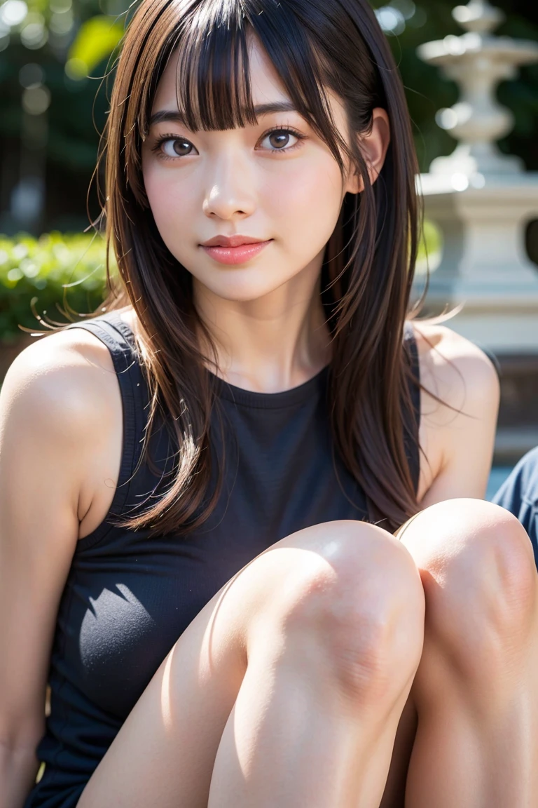 (Highest image quality, Highest image quality, Super A High Definition), (Raw photo, Realism 1.4), (flat chest), Fine skin, Fine face, Cute, AKB Girl, Girl in her 20s, Small breasts, Perfect Skin, thighs thighs thighs thighs, Medium Hair, Perfect, Brown hair, Brown eyes, Whole body, Sit on the steps of the footbridge、Hugging your own legs、I can see the panties.、((Tank Tops)), ((Ultra Mini Pleated Skirt))、panties on、Bright sunlight, Smile