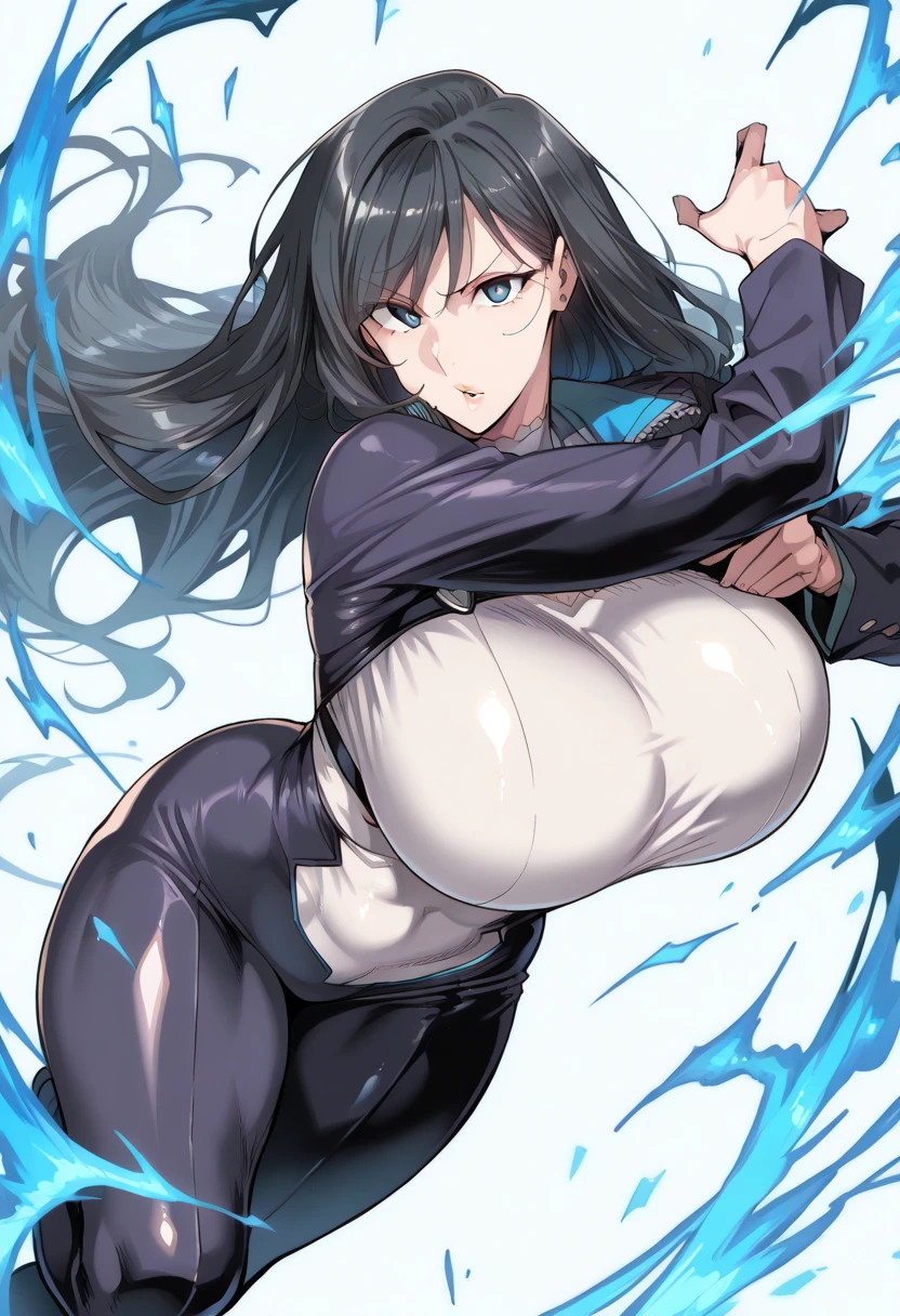 MC, ahoge, (long hari, purple hair:1.3), hair ornament, dark-blue eyes, anatomically correct, heavy breathing, mature female, anime girl with black outfit posing in front of a lightning, character from king of fighters, female protagonist 👀 :8, badass pose, badass anime 8 k, motoko kusanagi, detailed fanart, highly detailed exquisite fanart, thicc, commission for high res, anime moe artstyle, ilya kuvshinov. 4 k, anime style characterm, hollow eyes, bright pupils, dark-blue eyes, looking at viewer. glowing eyes heavy breathing, seductive smile, (steaming face:1.3), blush face, lips,