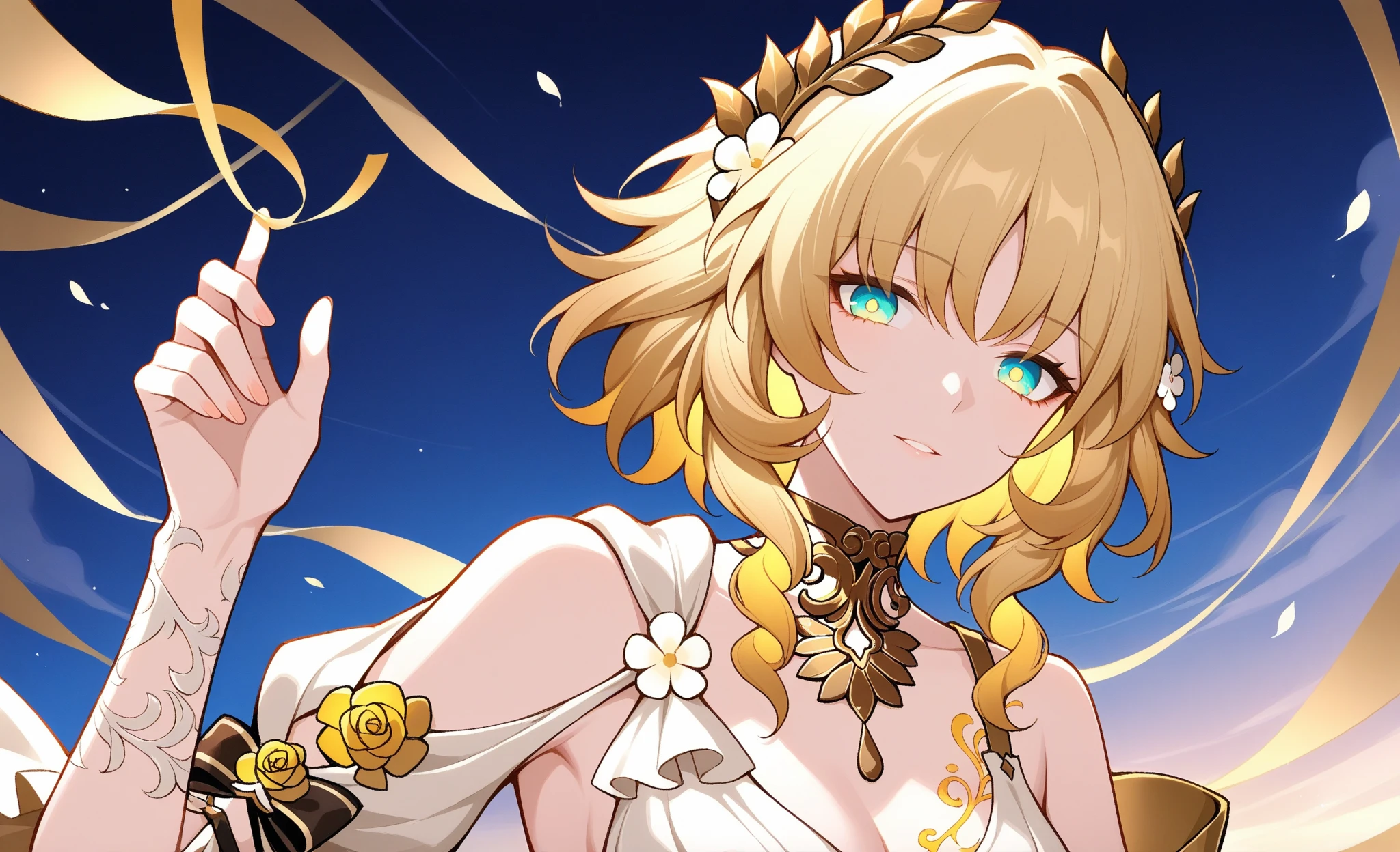 hades-65800, 1girl, aurora, bangs, bare_shoulders, blonde_hair, blush, breasts, city_lights, cleavage, closed_mouth, constellation, detached_sleeves, dress, fireworks, flower, full_moon, galaxy, hair_flower, hair_ornament, light_particles, looking_at_viewer, medium_breasts, milky_way, moon, night, night_sky, planet, shooting_star, sidelocks, sky, skyline, smile, solo, space, starry_sky, starry_sky_print, white_dress, white_flower, yellow_eyes