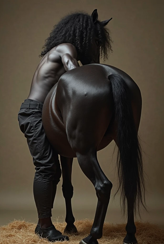 There is one adult character on this picture. The character is a slender anthropomorphic male black horse, black fur, slender character, slender, barefoot, digitigrade, hooves, horse tail, male bare chest, bare chested male, topless male, black nipples, black areolas, nude, naked, black balls, visible balls, balls, black testicles, visible testicles, testicles, black flaccid penis, visible black flaccid penis, black flaccid penis, visible male genitals parts, ass, butt, nsfw. The scene takes place on lavender field. The character is working on a lavender field. Lavender field on the background. South european village the background. Mediterranean village on the background. Day. Warm light. Summer. Camera rear view. Camera rear-view.