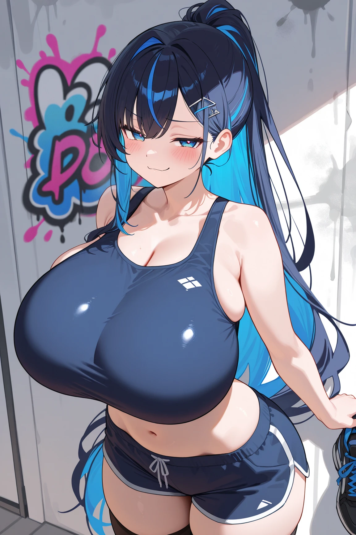 score_9, score_8_up, score_7_up, score_6_up, score_5_up, score_4_up,
(gradient background:1.15), white border,
refraction, caustics, rim lights, backlighting, bloom,
BREAK
source_anime, sky,
BREAK
1girl, bare shoulders, blue hair, huge breasts, cleavage, looking at viewer, red eyes, shortstack, solo, twintails, blush, bangs, ribbon, hair between eyes, very long hair, hair ribbon, white crop top, pink thong, sleeveless, pink ribbon, standing, looking at viewer, crop top, glistening skin, up close, short, backpack
