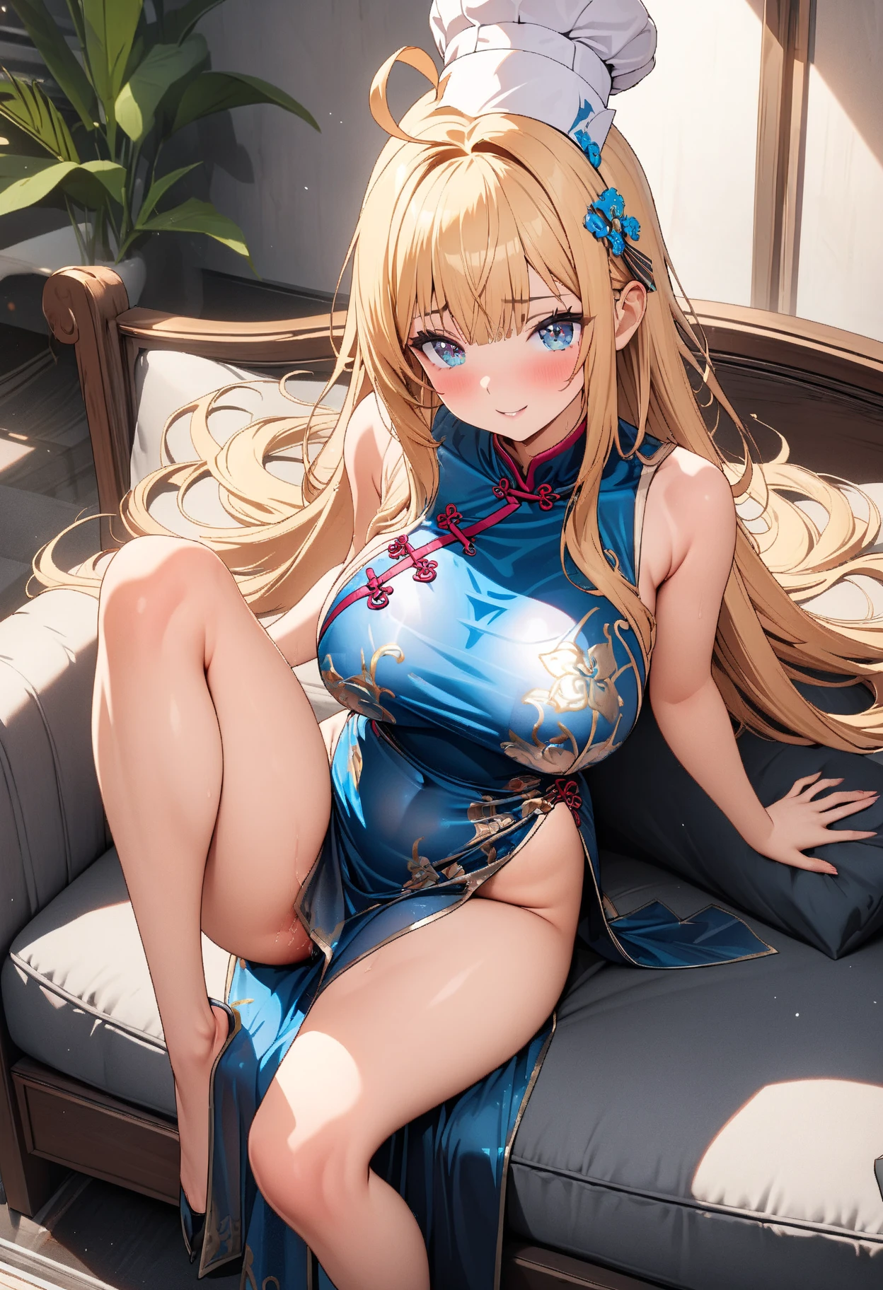 1 girl,highest quality,super high quality,highest quality,anime characters,beautiful eyes,Detailed contours,big breasts,China dress,spread your legs,messy hair,From the side down,sweat all over,blonde,smile,Her pussy is fully visible,spread your legs,underboob,Raise one leg,my nipples are erect,Don&#39;t show your nipples,Belly exposure,